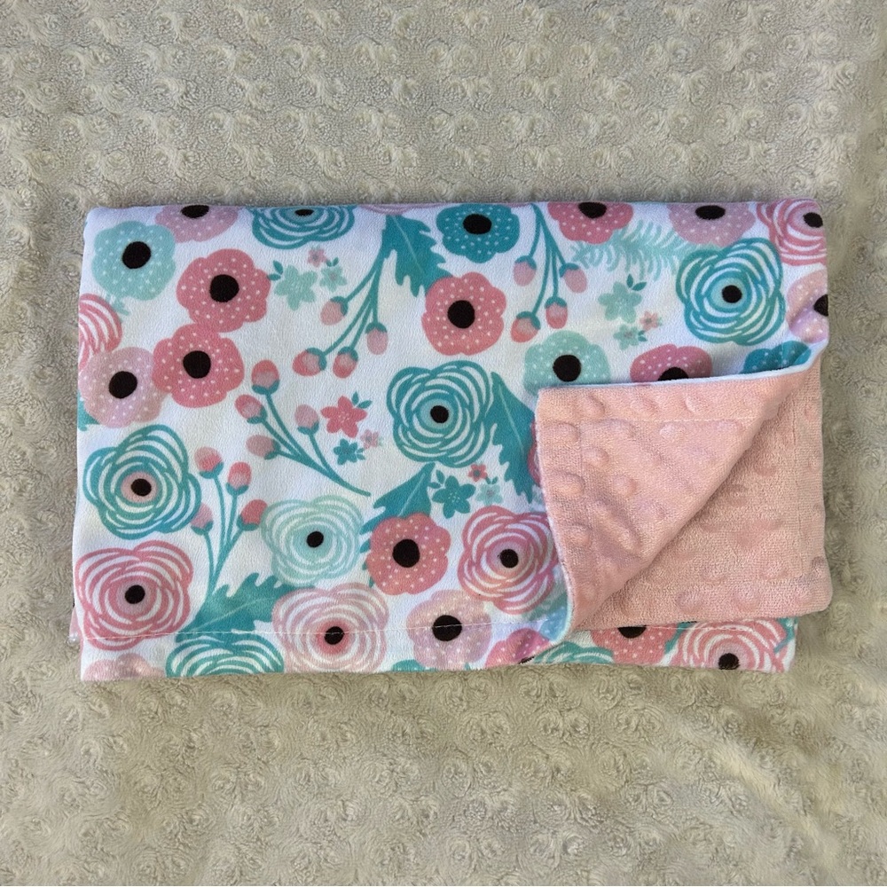 SL Home Fashions Pink Blue Flower Baby Blanket White Minky Dot Aqua Brown Floral